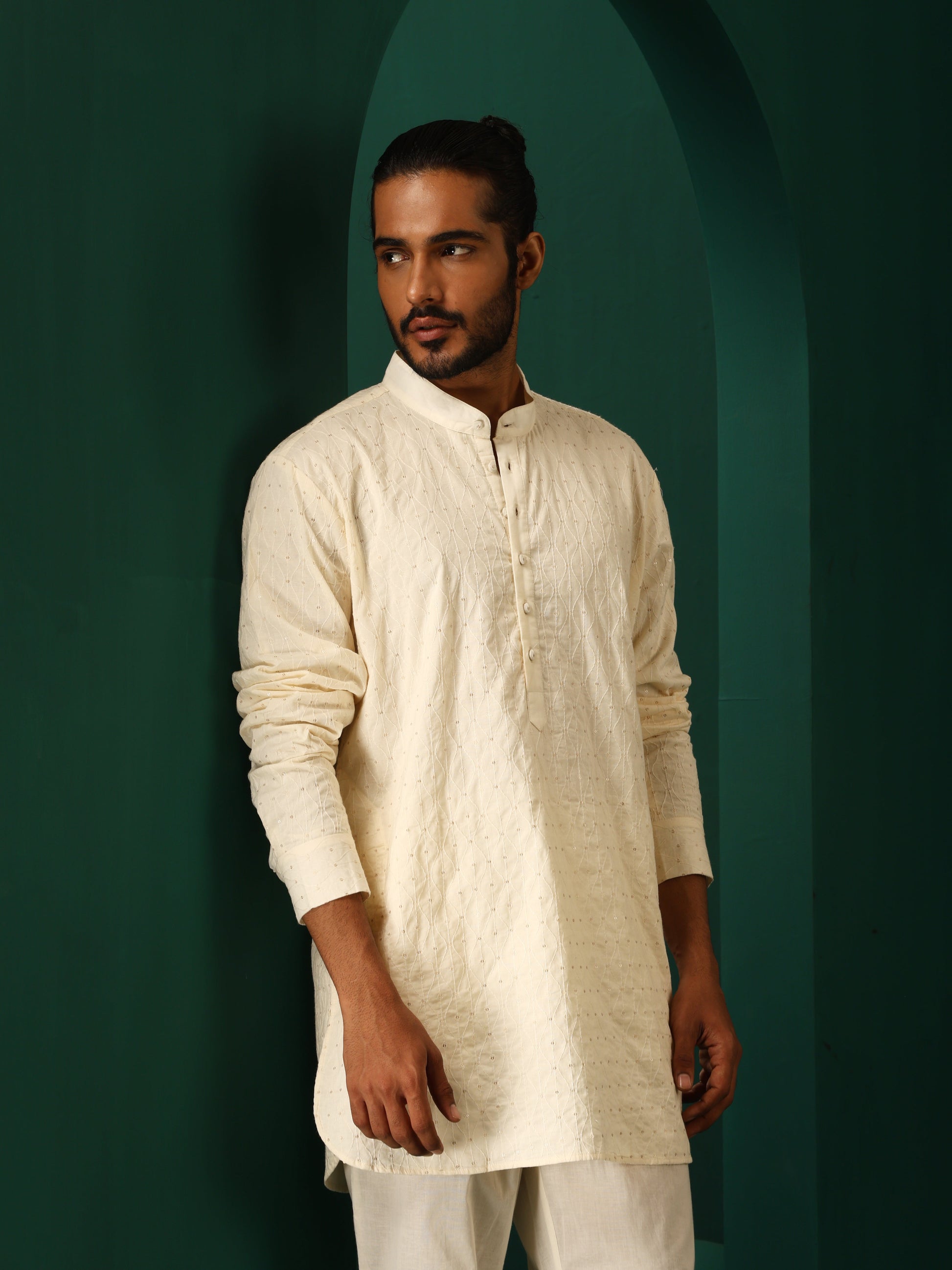 trueBrowns Men's Ivory Tonal Cotton Co-ord Set - Swadesiicart