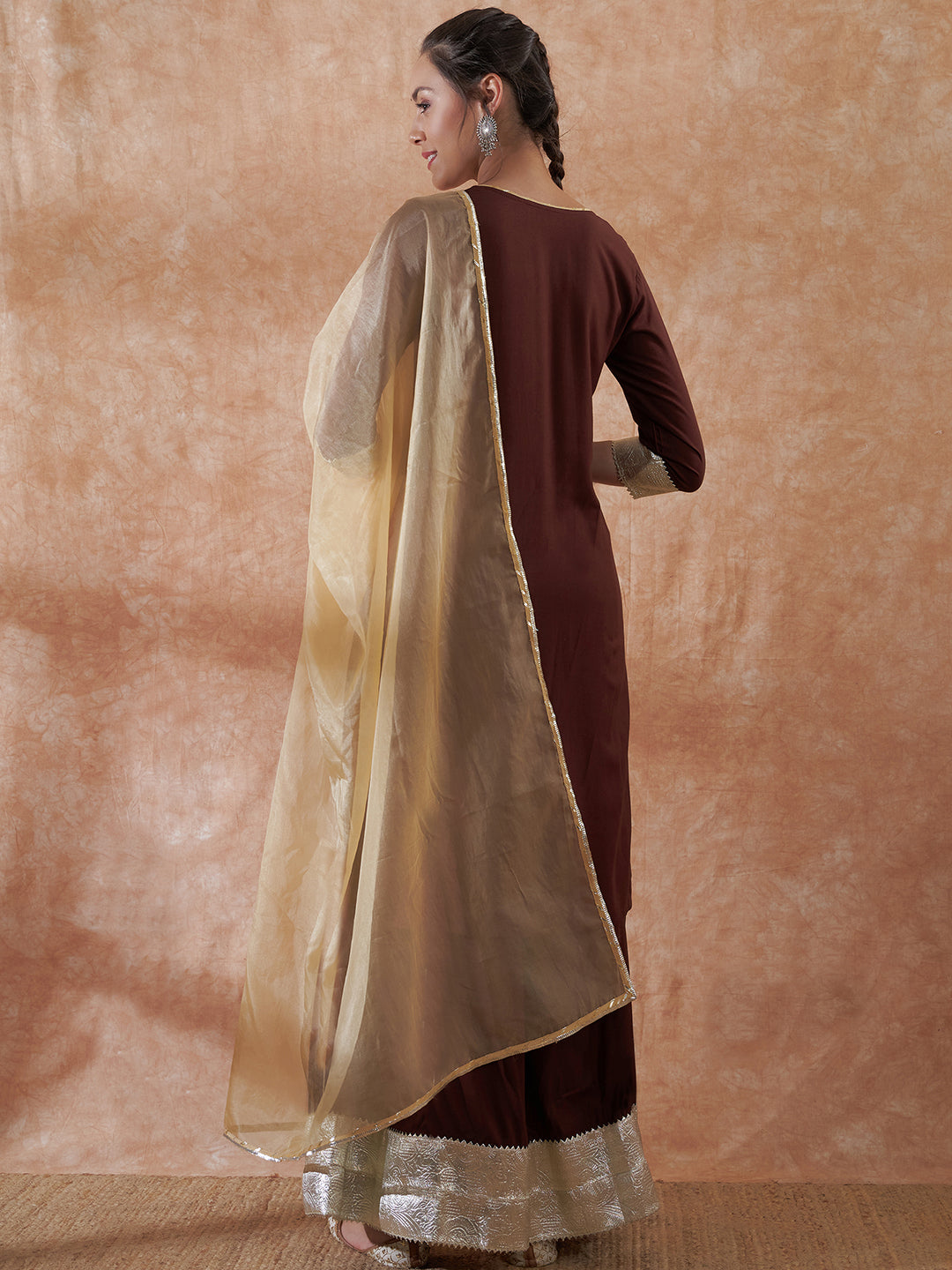 InWeave Women's Brown Gota Work Anarkali Kurta Set W Dupatta - Swadesiicart