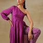 trueBrowns Purple Bandhani Printed Silk One Shoulder Kurta Pant Set | Swadesiicart