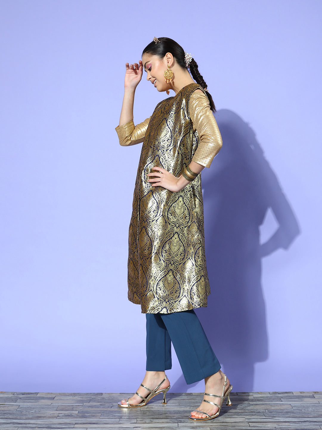 InWeave Women's Navy Brocade Jacket - Swadesiicart