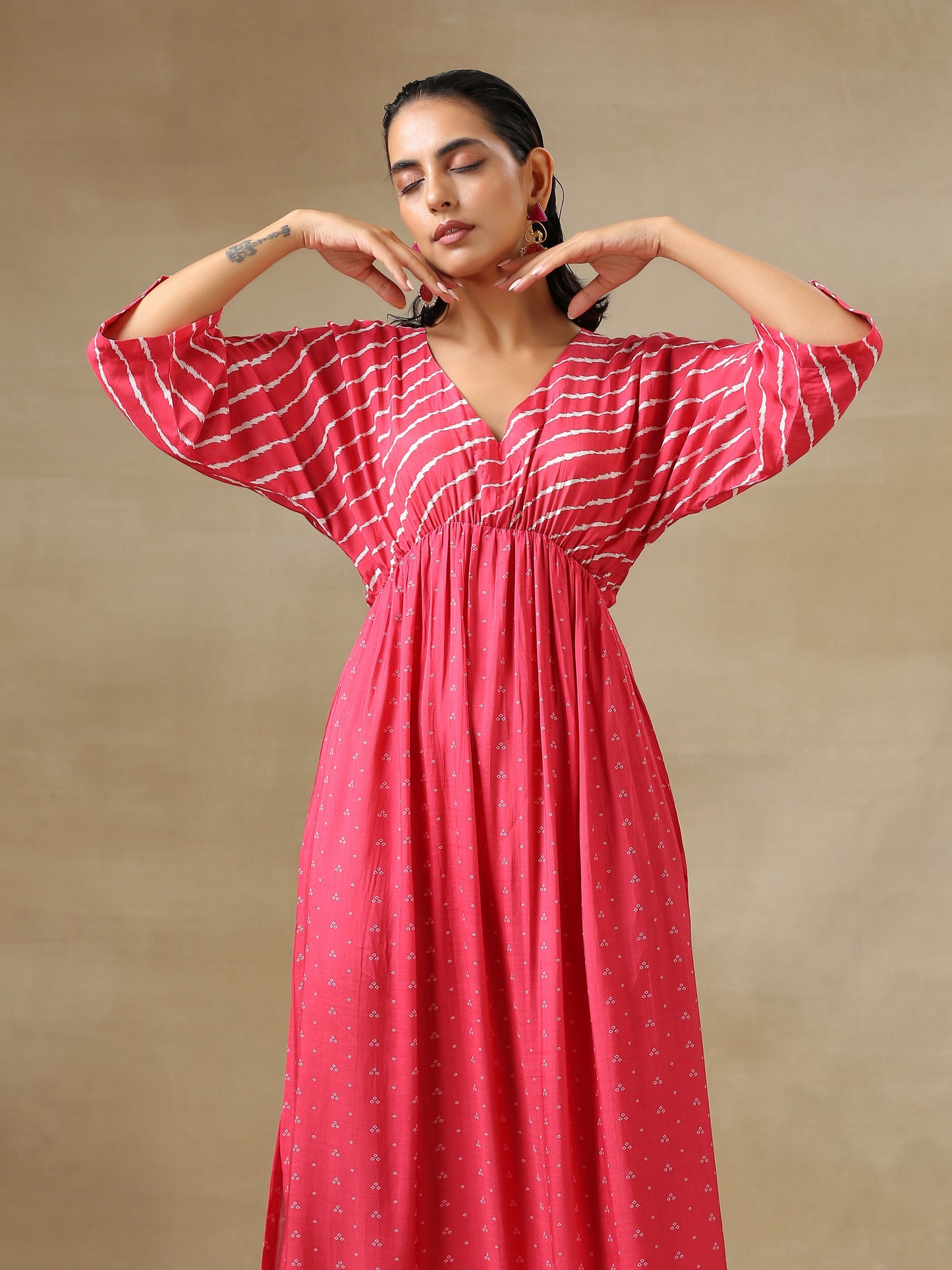 trueBrowns Pink Bandhani Printed Silk Drop Shoulder Dress | Swadesiicart