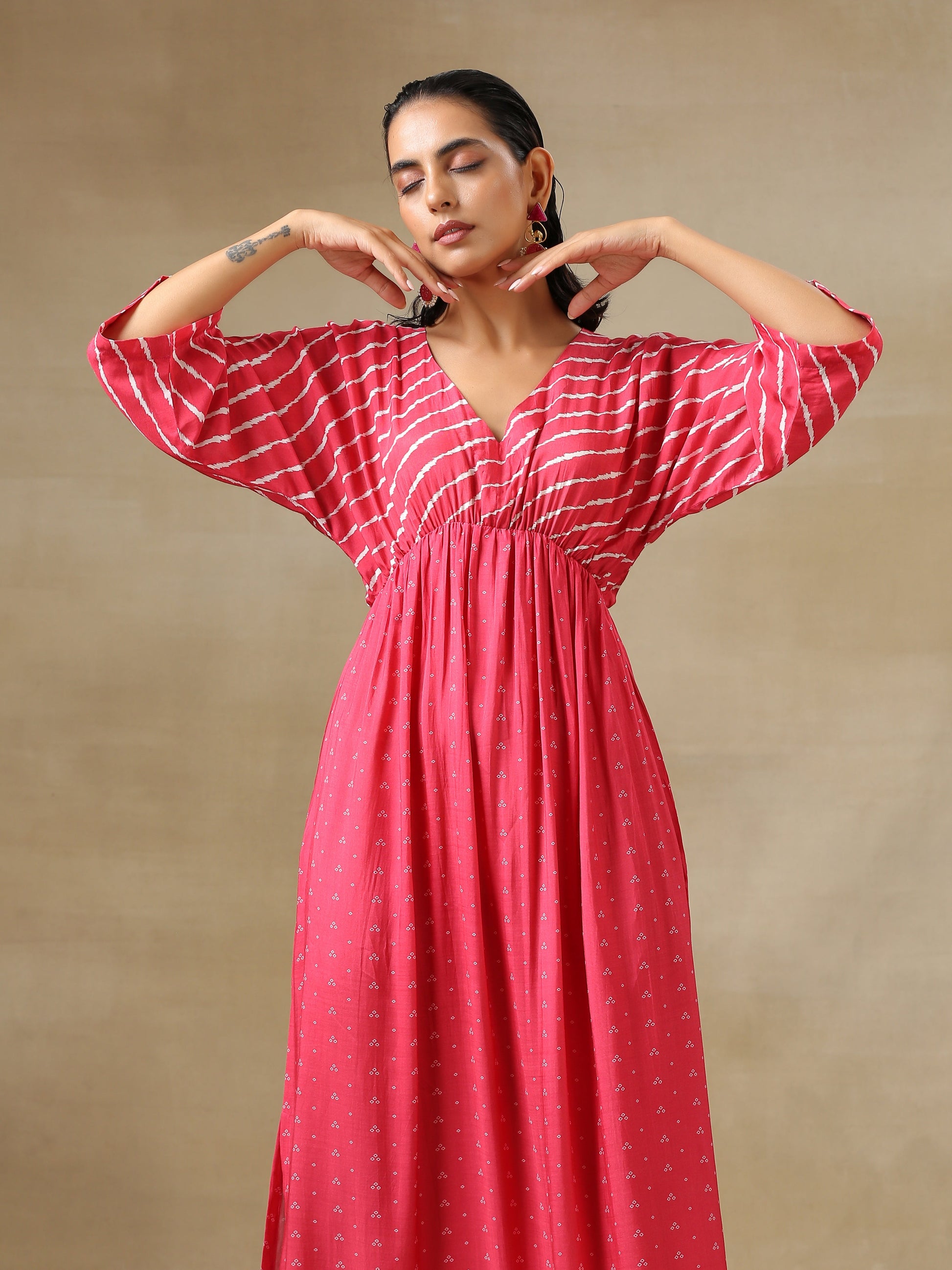 trueBrowns Pink Bandhani Printed Silk Drop Shoulder Dress | Swadesiicart