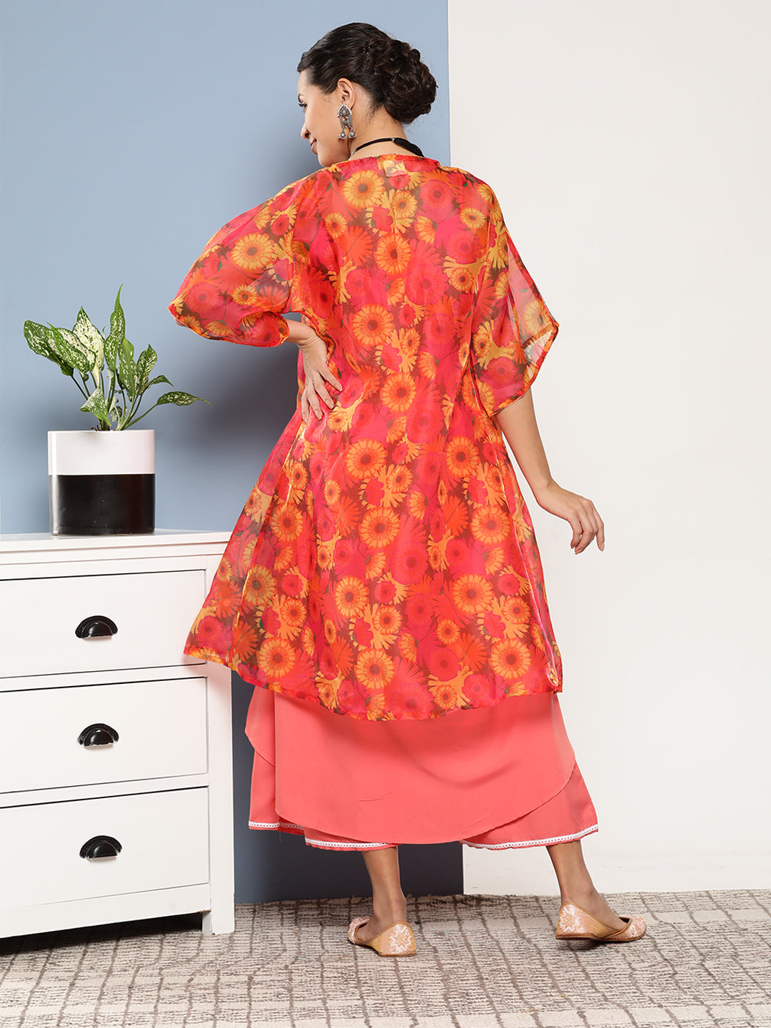 InWeave Women's Peach Cr Strappy Set With Peach Yellow Floral Cape - Swadesiicart