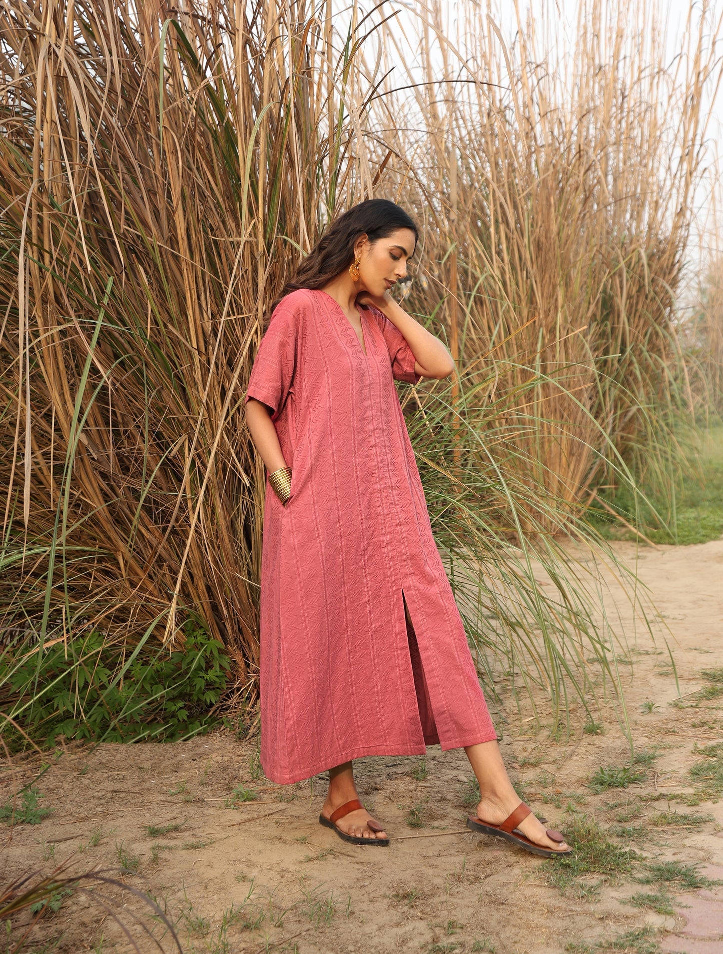 trueBrowns Coral Cotton Dobby Front Slit Dress | Swadesiicart