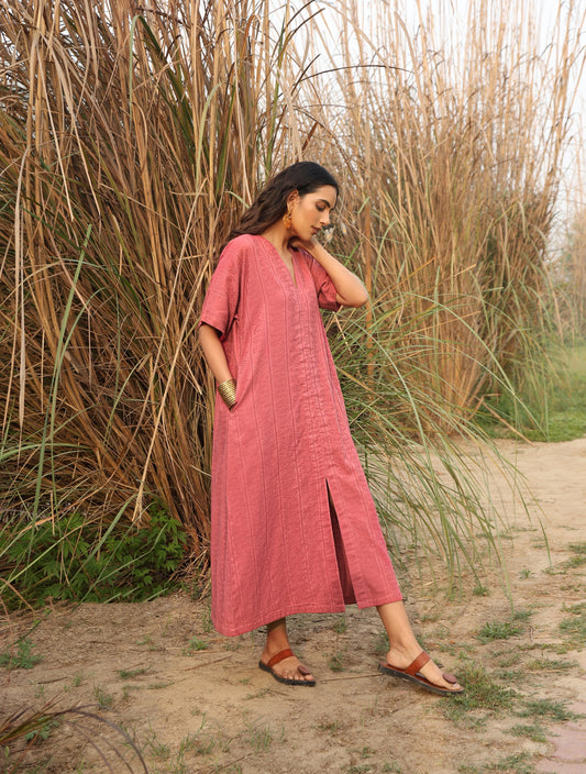 trueBrowns Coral Cotton Dobby Front Slit Dress | Swadesiicart