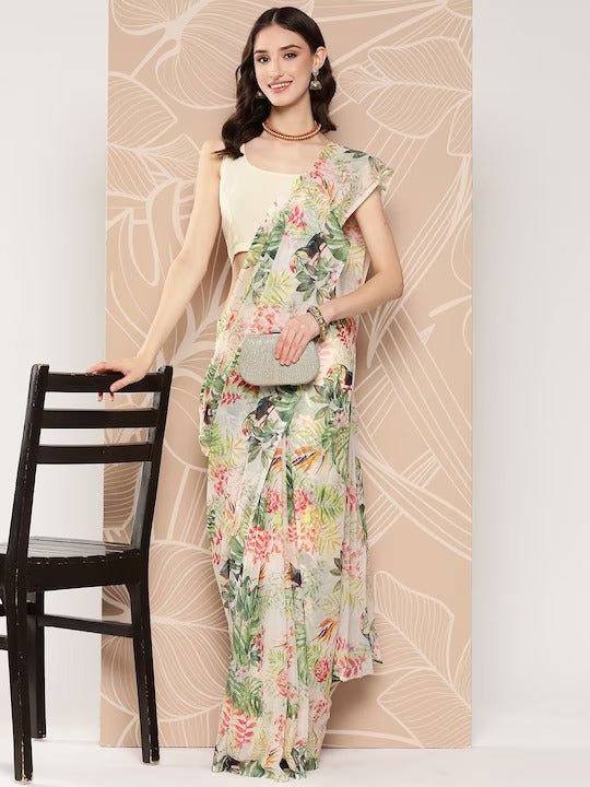 Ahalyaa Floral Printed Poly Chiffon Saree | Swadesiicart