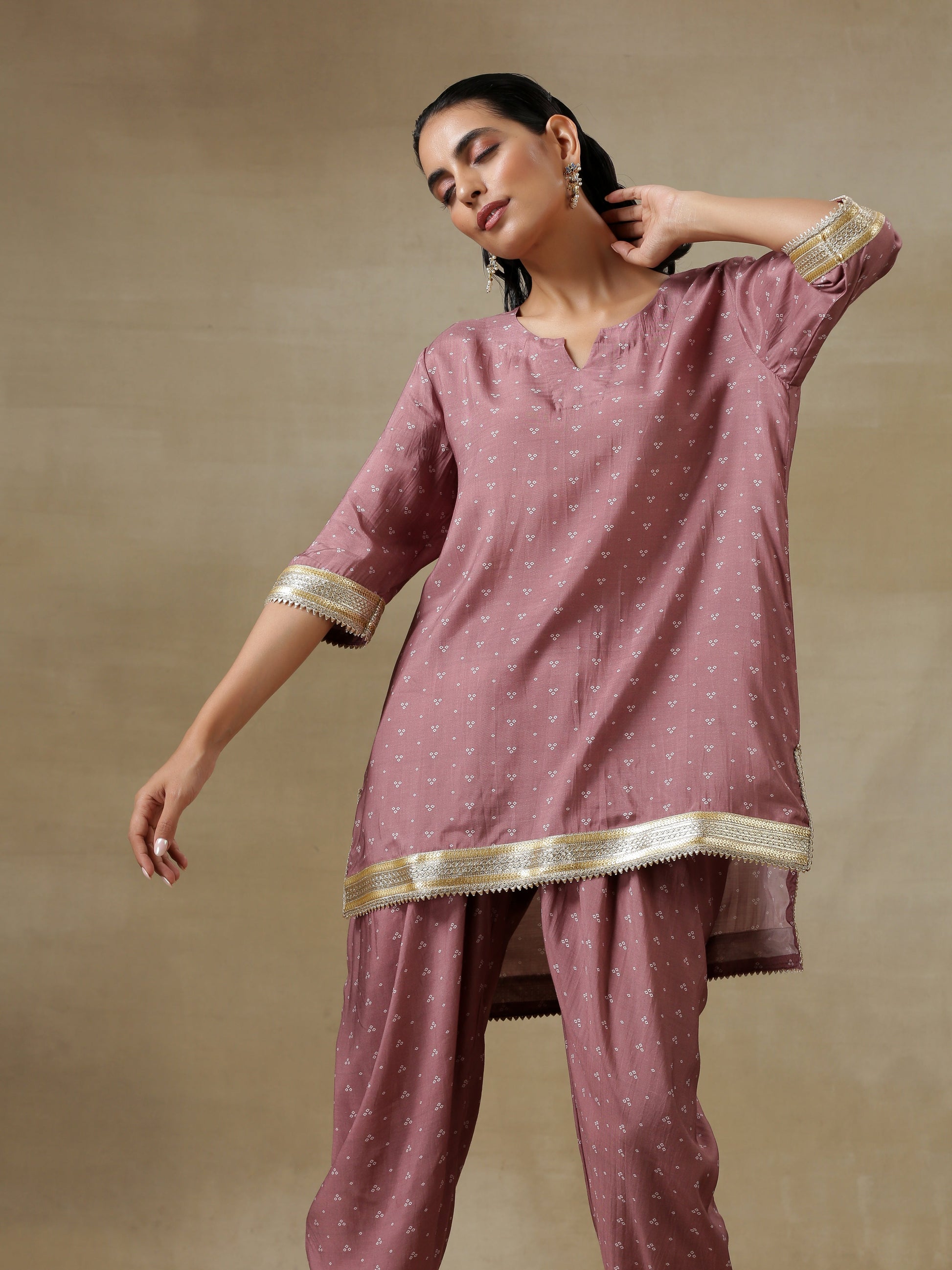 trueBrowns Dark Mauve Bandhani Printed Silk Loose Kurta Dhoti Pant Set | Swadesiicart