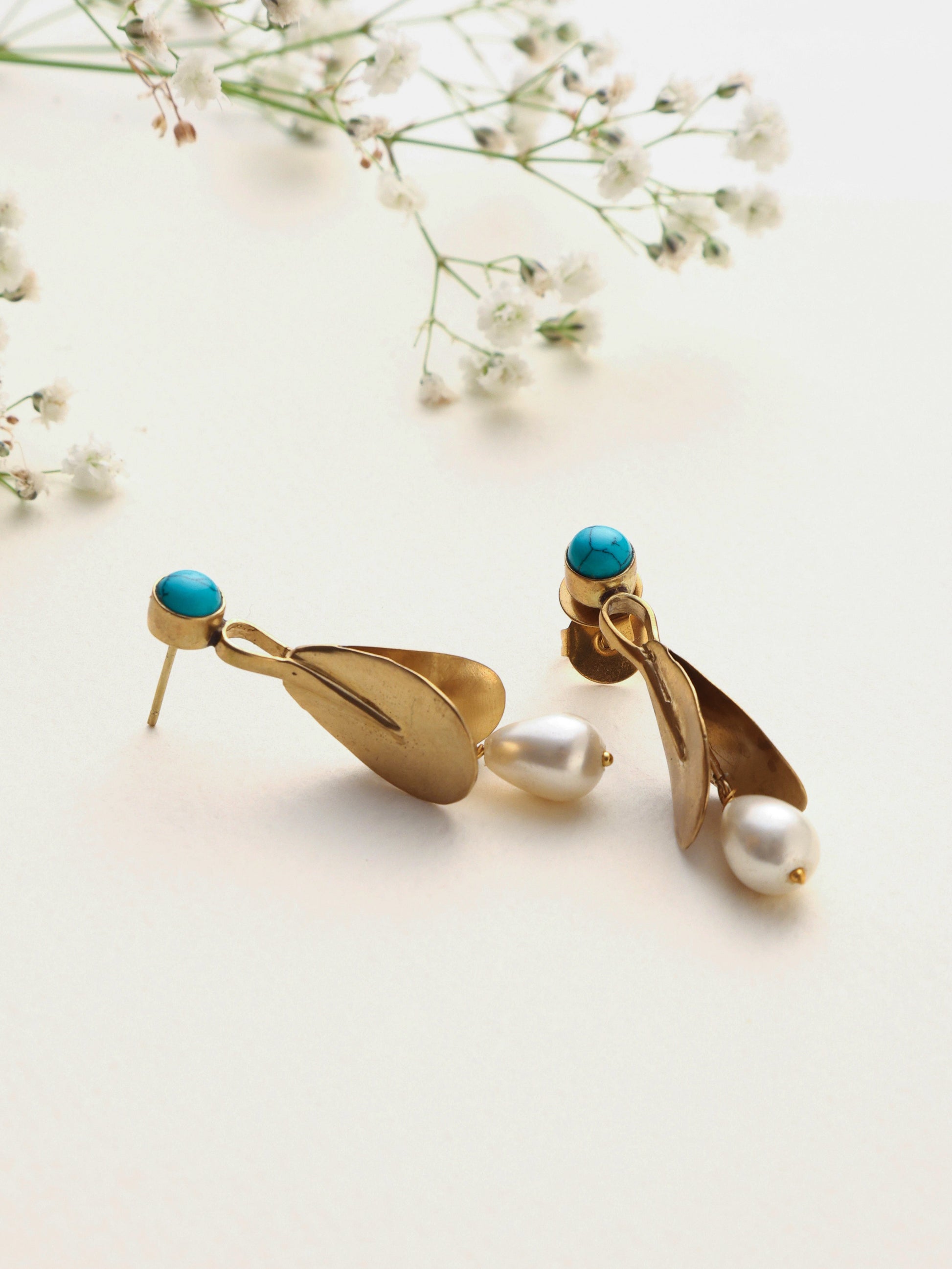 trueBrowns Brass Pearl Drop Earrings - Swadesiicart