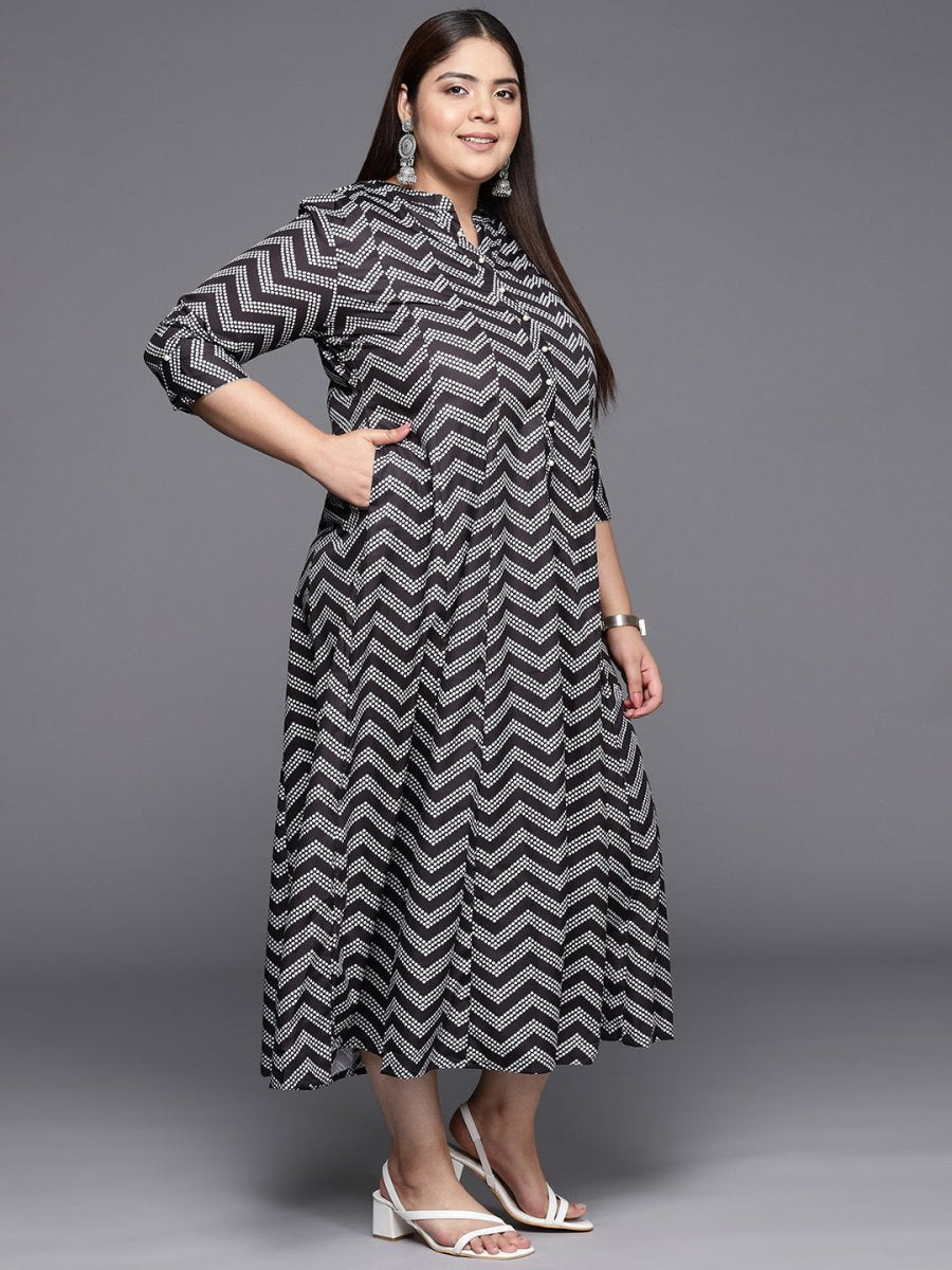 Ahalyaa Plus Size Chevron Print Crepe Mandarin Collar A-line Midi Ethnic Dress | Swadesiicart