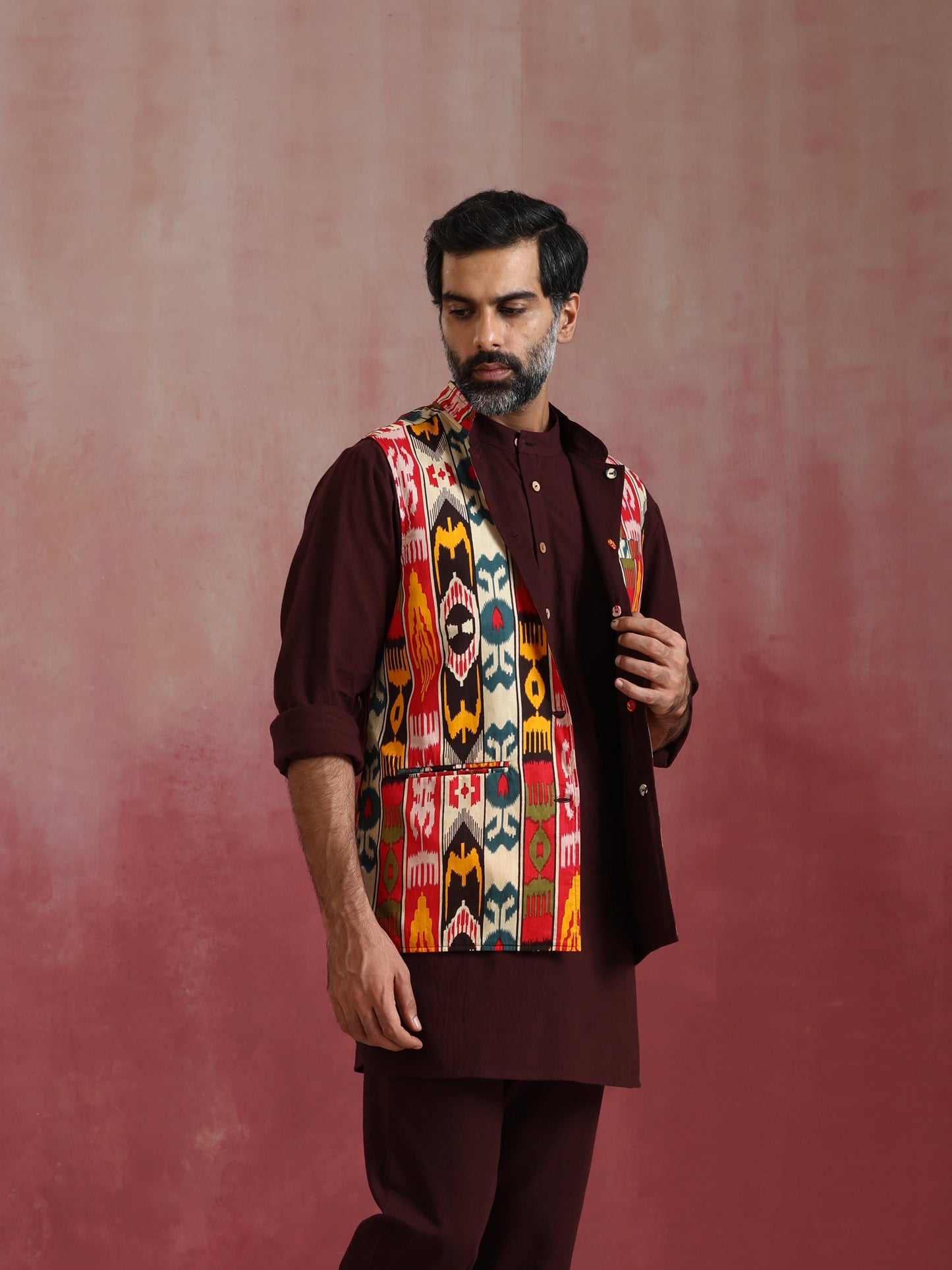 trueBrowns Men's Cola Ikat Print Cotton Reversible Nehru Jacket | Swadesiicart