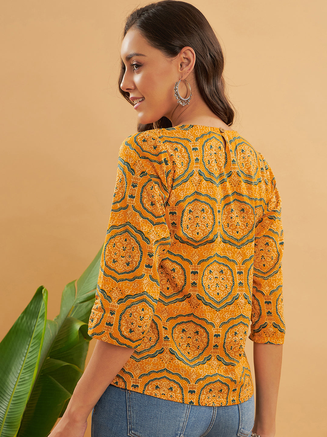 InWeave Women's Haldi Yellow Mughal Kalamkari Top - Swadesiicart