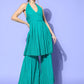 InWeave Women's Teal Lace Work Backless Kurta Sharara Set - Swadesiicart