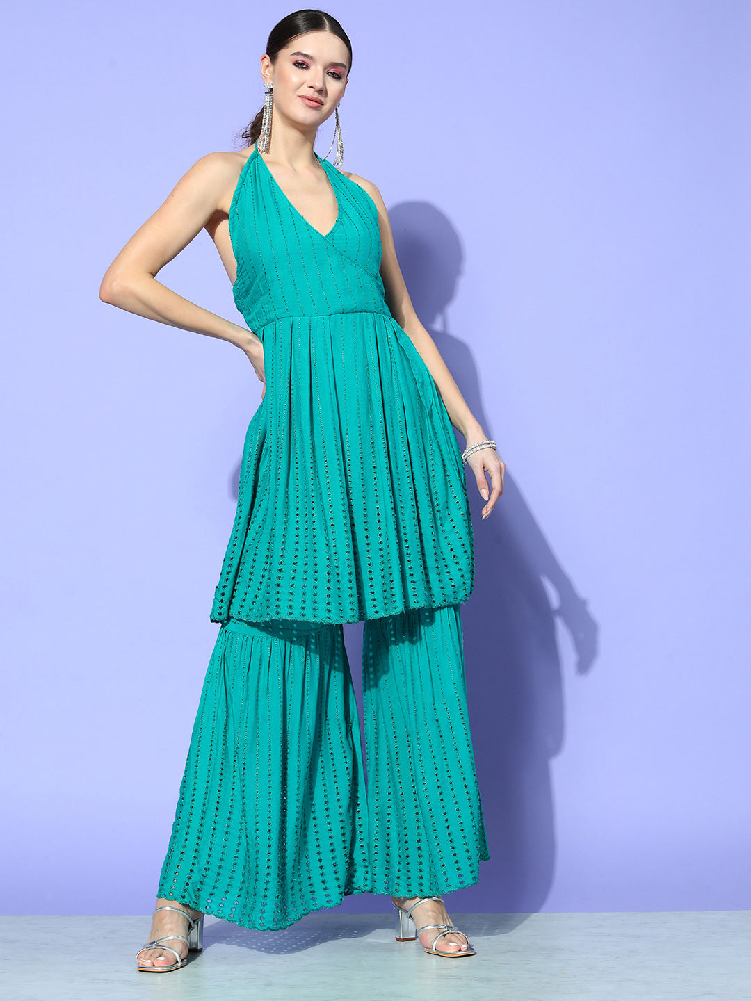 InWeave Women's Teal Lace Work Backless Kurta Sharara Set - Swadesiicart