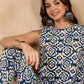 InWeave Peacock Blue White Moroccan Print Round Neck Kurta Set - Swadesiicart