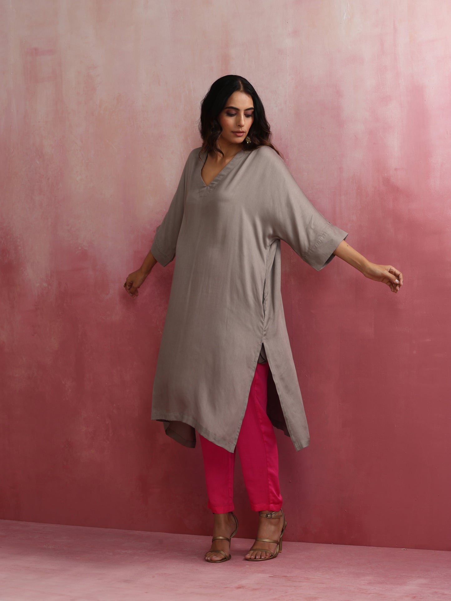 trueBrowns Grey Modal Kimono Kurta Set | Swadesiicart