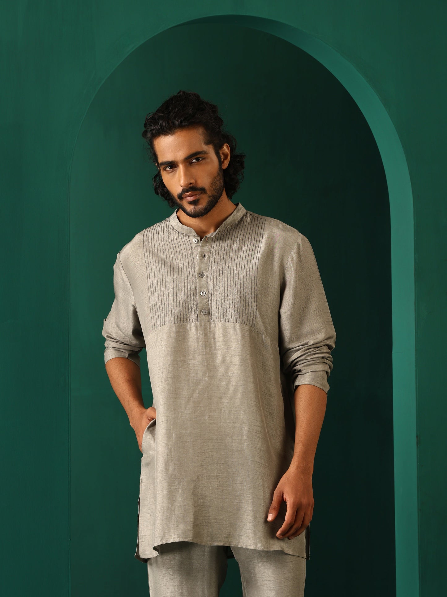 trueBrowns Men's Grey Silk Co-ord Set Yoke Detail - Swadesiicart