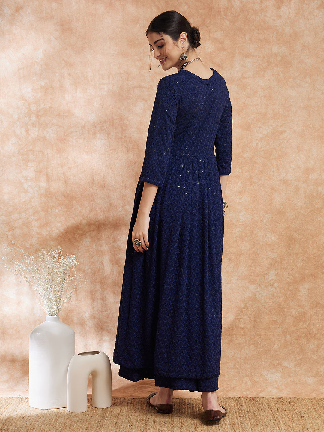 InWeave Women's Royal Blue Chikankari Long Anarkali Kurta Sharara Set - Swadesiicart