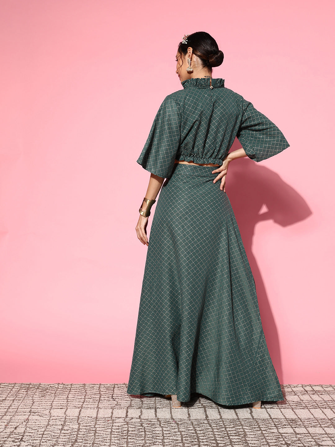 InWeave Women's Hunter Green Gold Crop Top With Side Slit Skirt - Swadesiicart