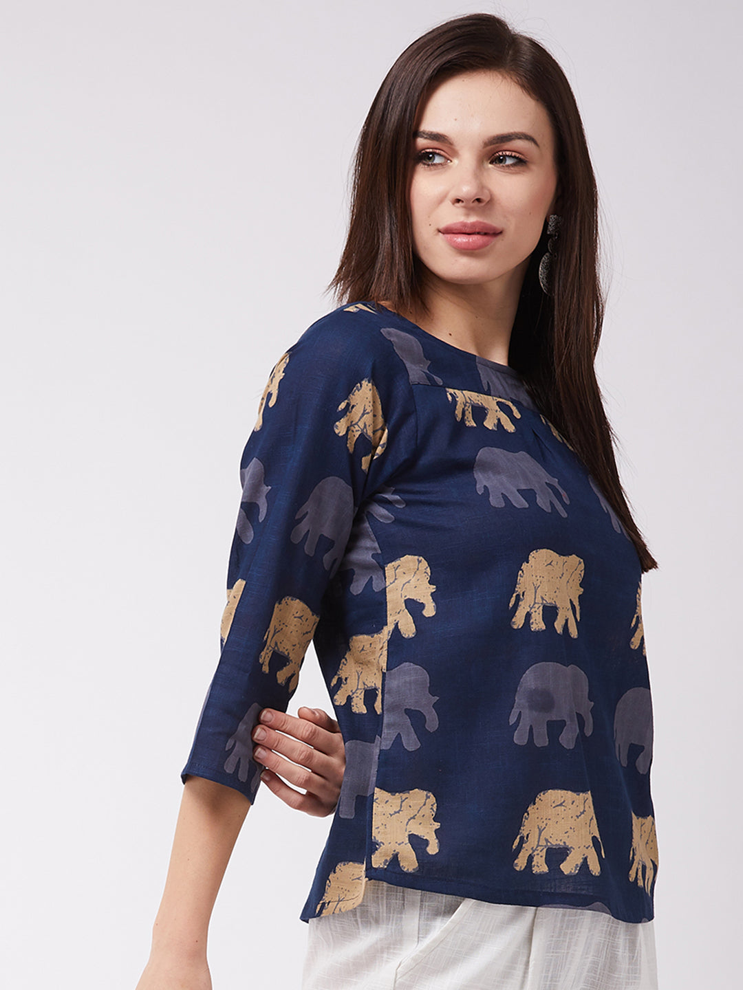 InWeave Elephant Print Blue Top - Swadesiicart