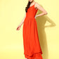 InWeave Women's Orange Strappy Set W Green Organza Cape - Swadesiicart