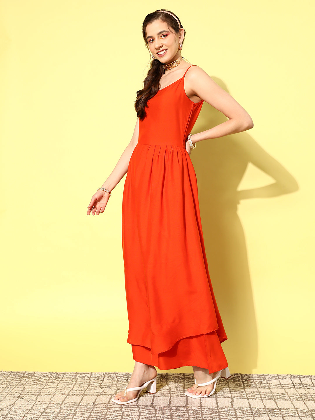 InWeave Women's Orange Strappy Set W Green Organza Cape - Swadesiicart