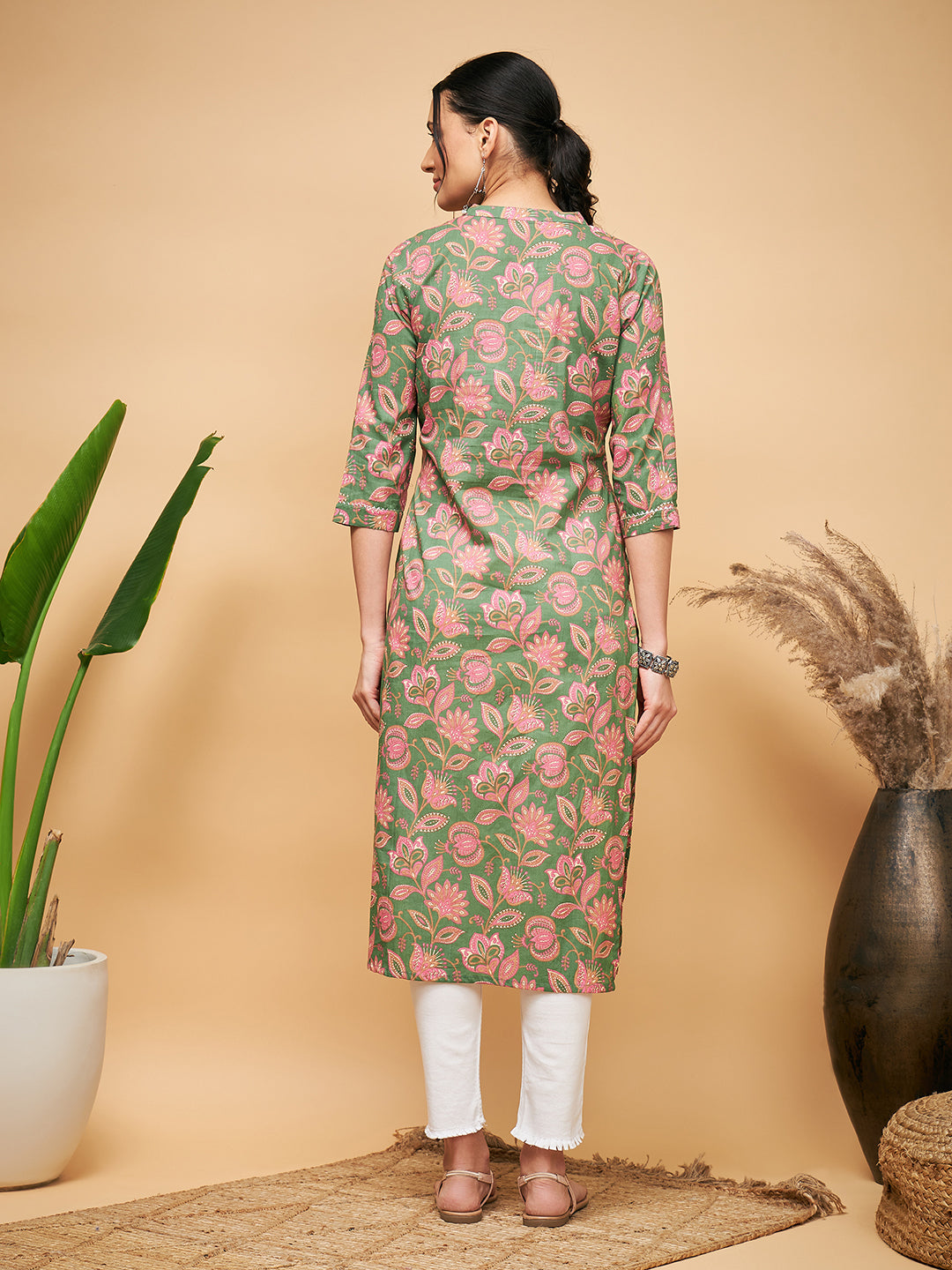 InWeave Women's Green Pink Floral Angrakha Straight Kurta - Swadesiicart
