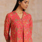 trueBrowns Flamingo Pink Overall Floral Block Print Cotton Slit Kurta Pant Set | Swadesiicart