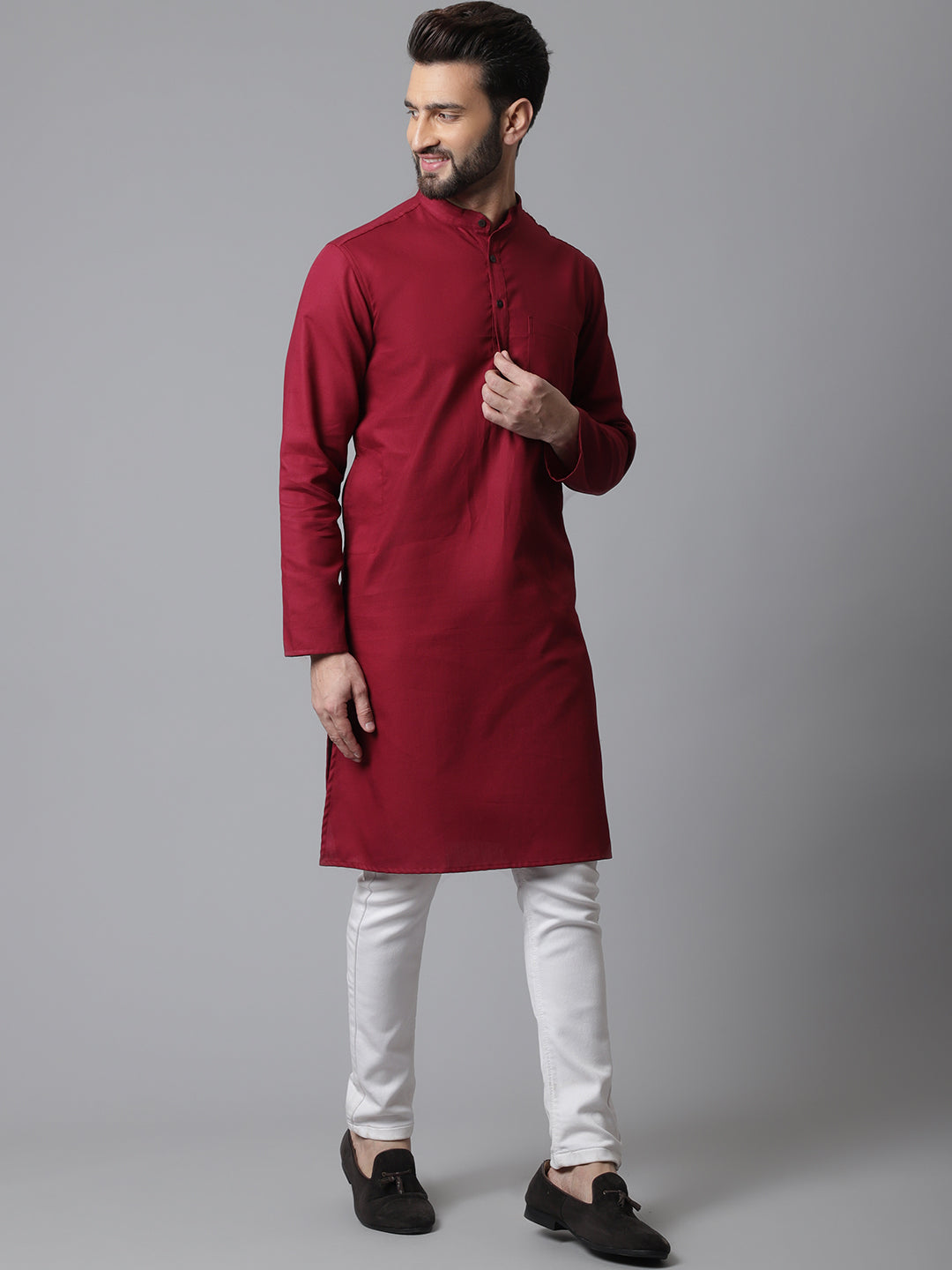 Even Apparels Maroon Pure Cotton Kurta With Band Collar | Swadesiicart