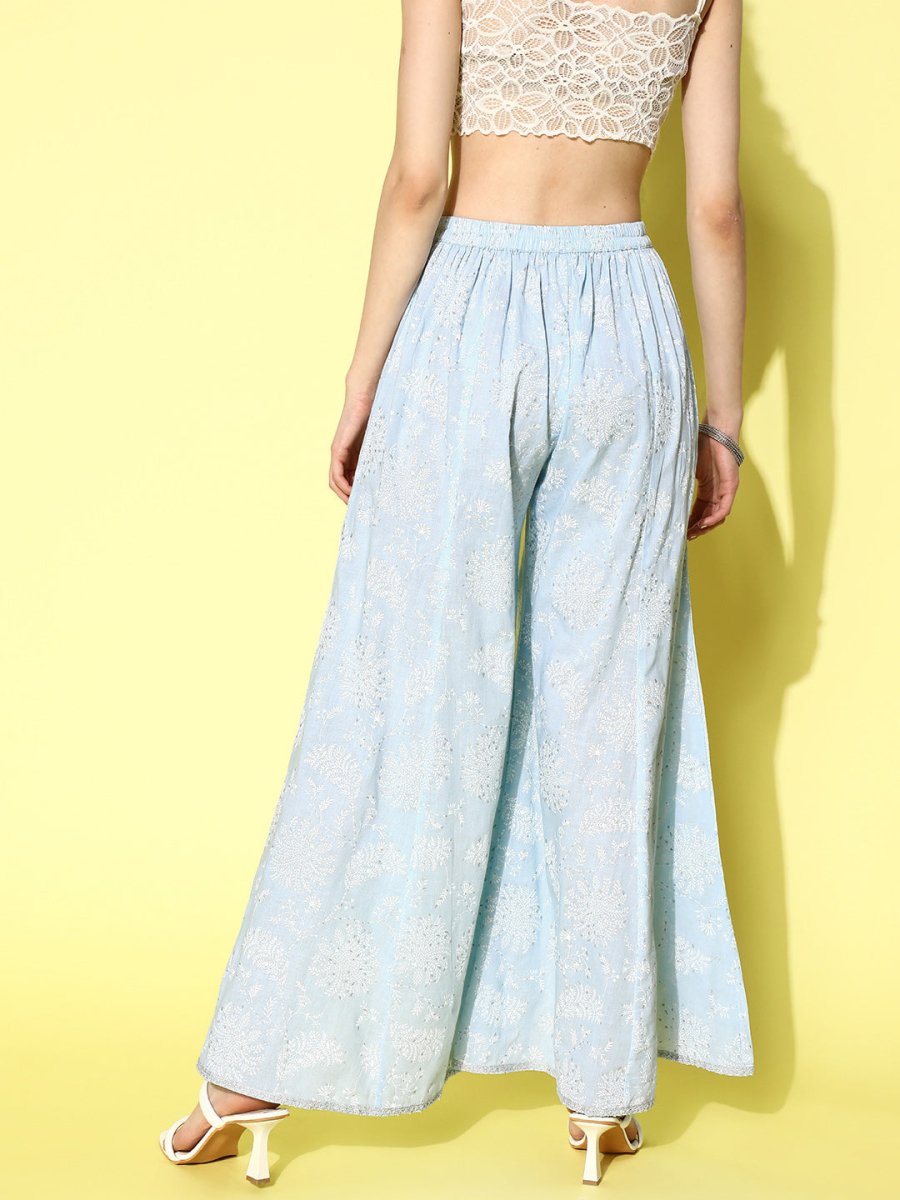 Ahalyaa Women Off White & Blue Floral Printed Flared Ethnic Palazzos | Swadesiicart
