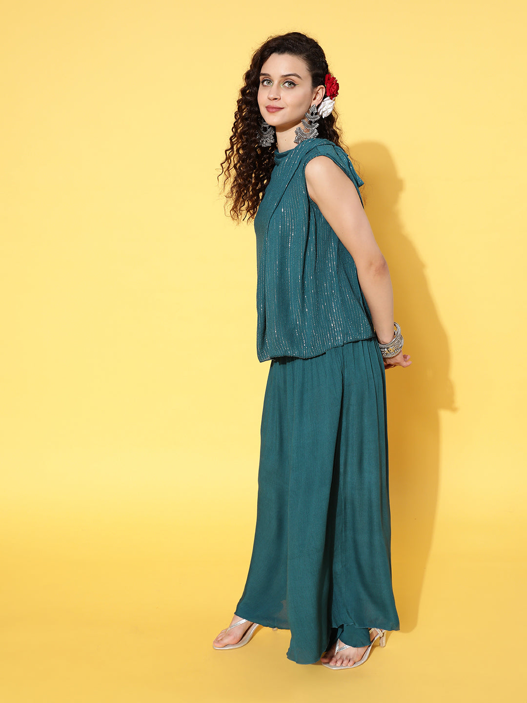 InWeave Women's Teal Lurex Top With Flared Pallazo - Swadesiicart