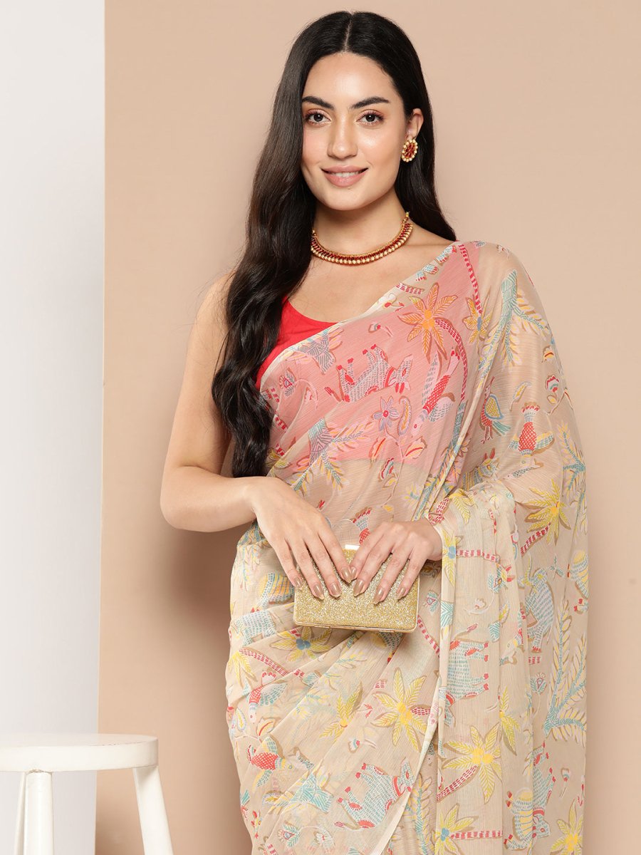 Ahalyaa Floral Printed Poly Chiffon Saree | Swadesiicart