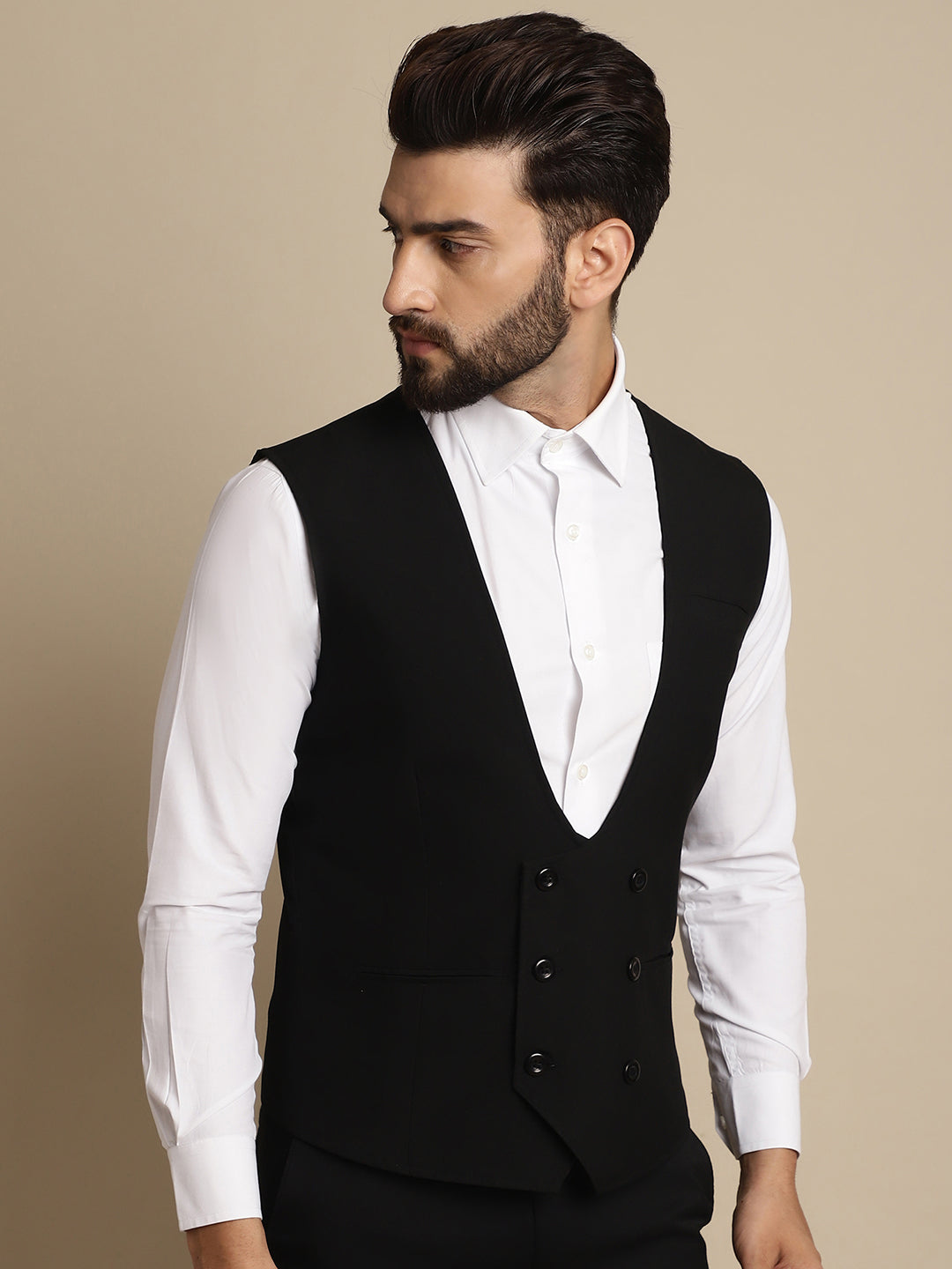 Even Apparels Men's Black Double Breast Waistcoat | Swadesiicart