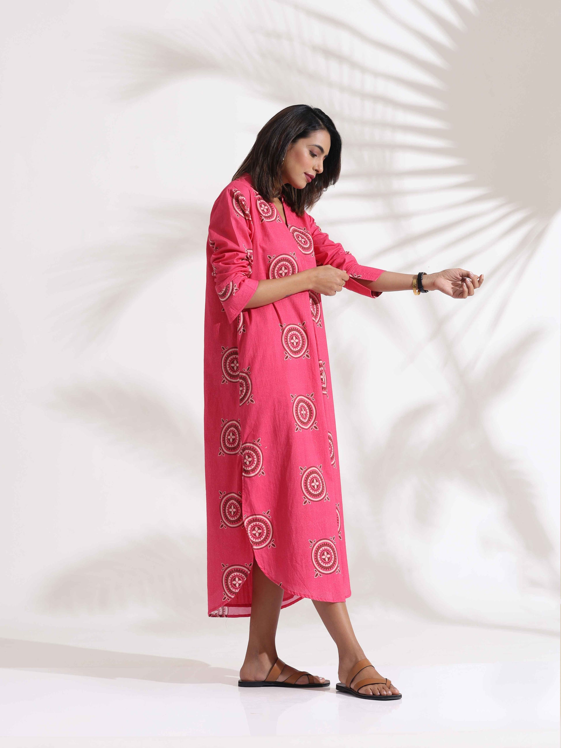 trueBrowns Pink Cotton Print A-line Dress | Swadesiicart