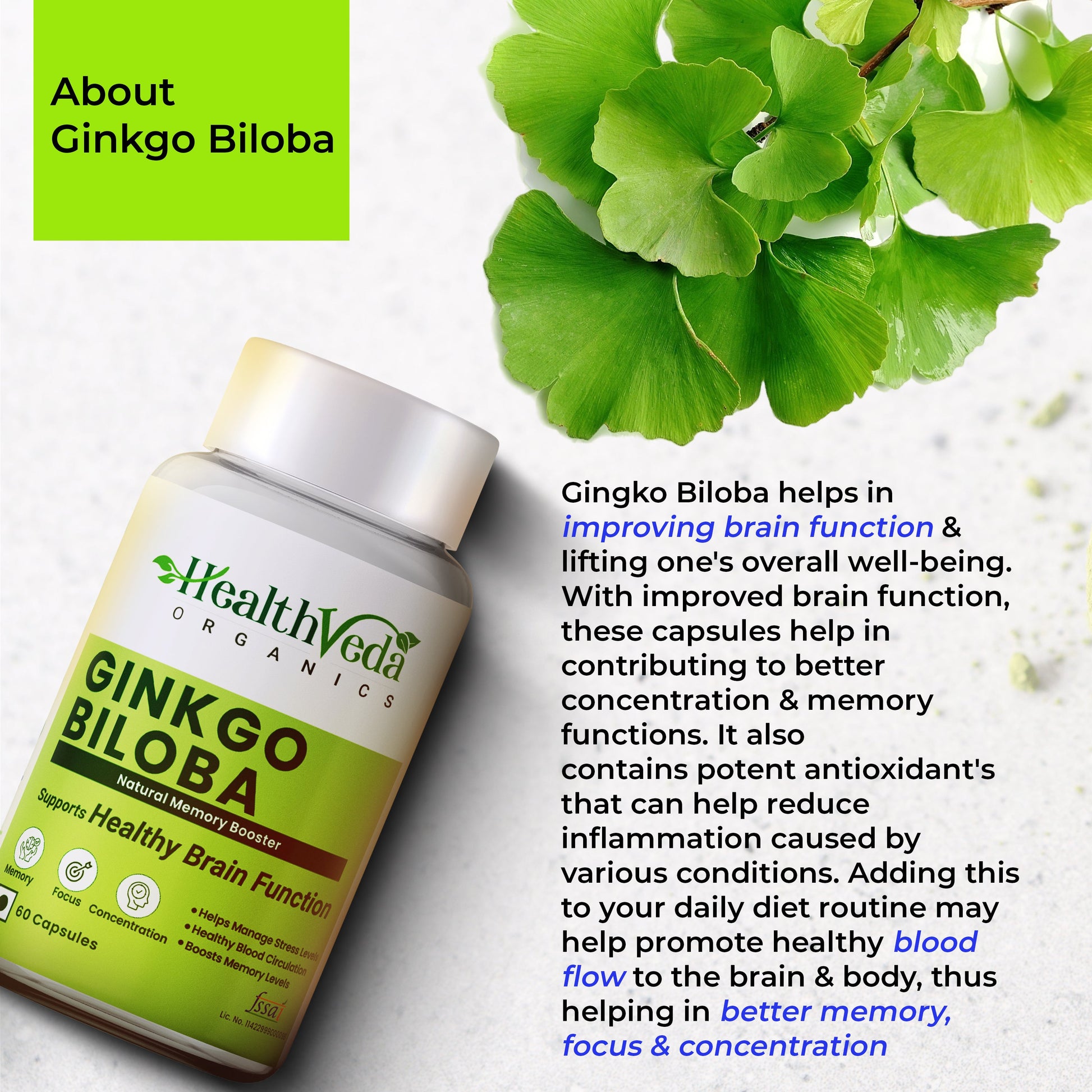 Health Veda Organics Ginkgo Biloba Capsules - Swadesiicart