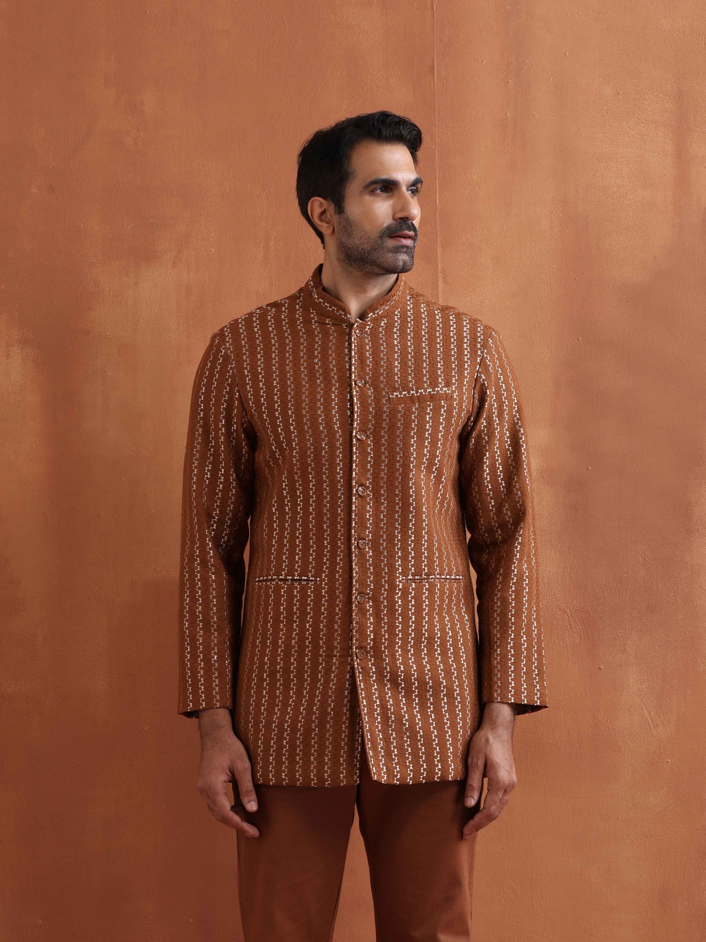 trueBrowns Men's Brown Cotton Dobby Long Jacket | Swadesiicart