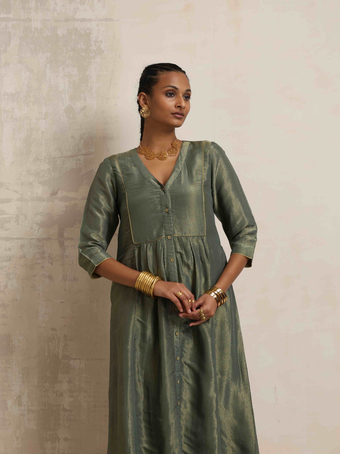 trueBrowns Green Tissue A-line Kurta Set | Swadesiicart