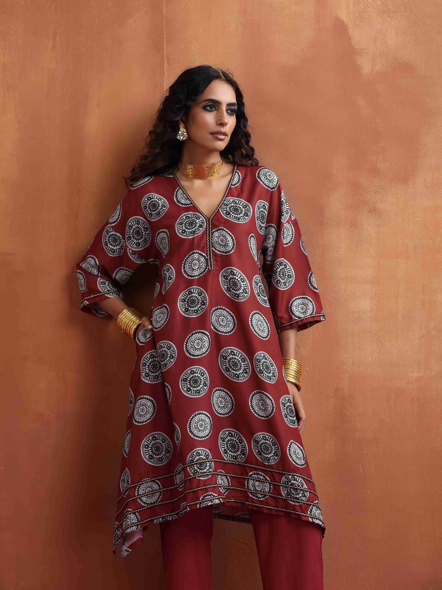 trueBrowns Maroon Print A-line Kurta Co-ord Set - Swadesiicart