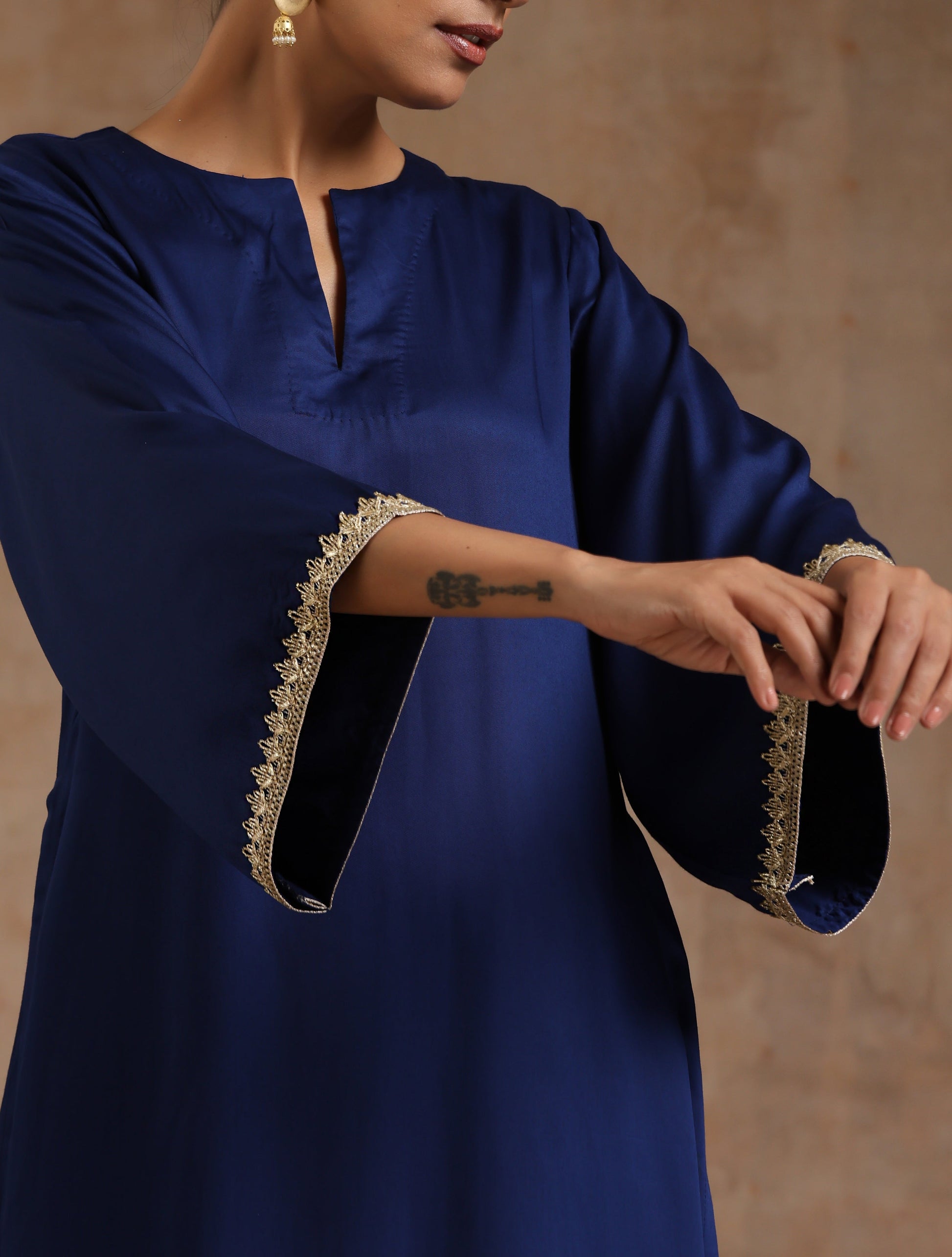 trueBrowns Midnight Blue Modal Satin Relax Kurta Set | Swadesiicart