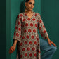trueBrowns Ivory Red Circle Floral Muslin Silk Printed V-Neck Kurta Pant Set | Swadesiicart