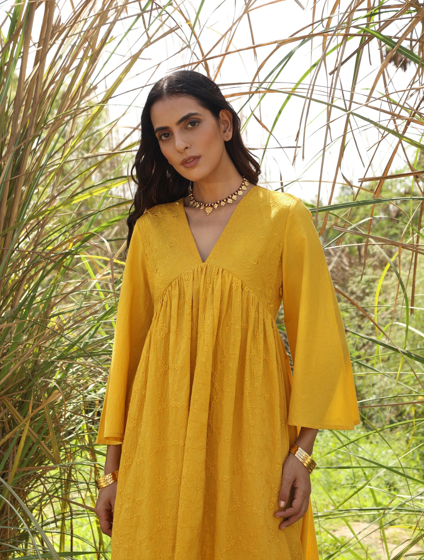trueBrowns Mustard Cotton Embroidered Flared Kurta Set | Swadesiicart