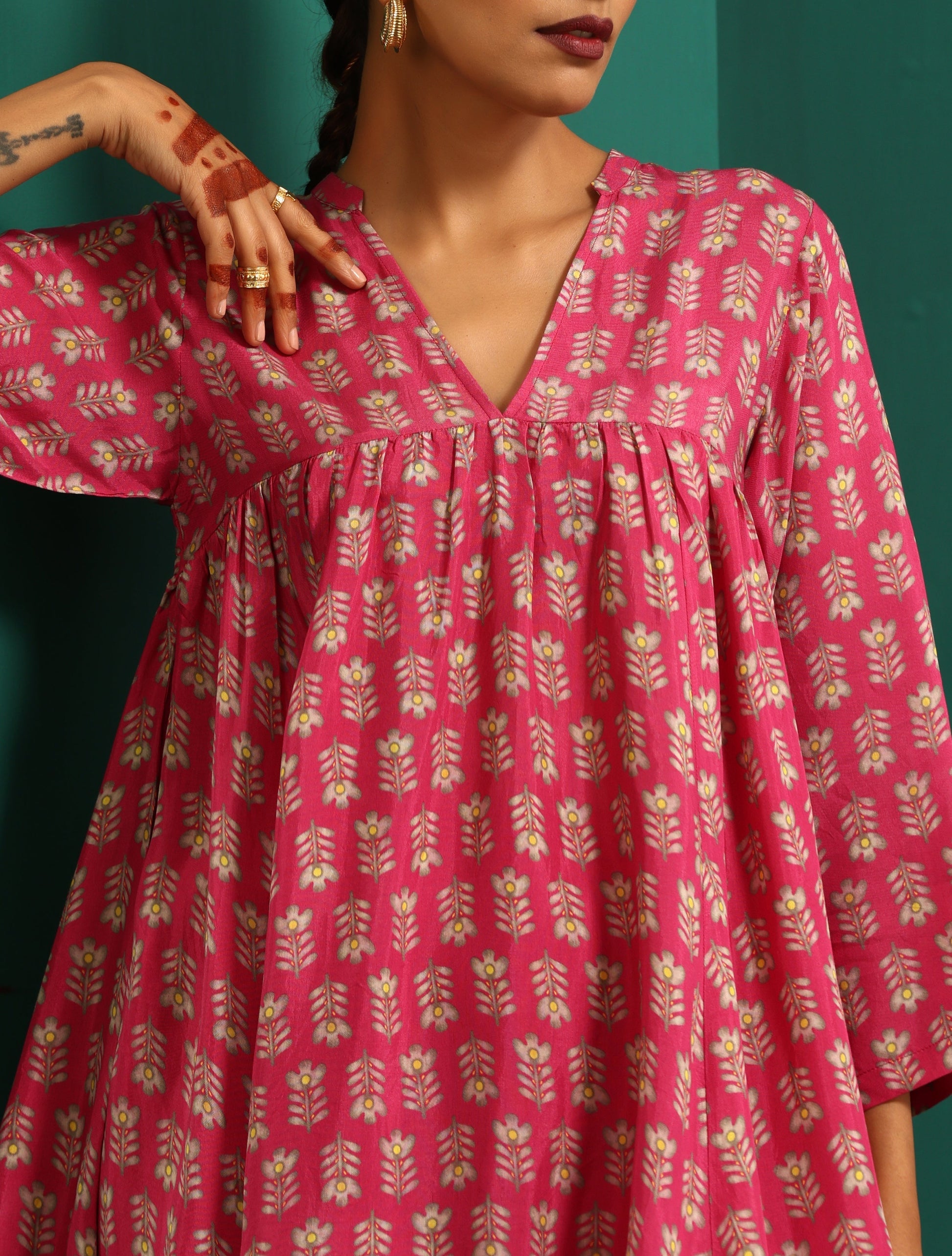trueBrowns Pink Leaf Muslin Silk Printed Yoke Gathered Co-ord Set - Swadesiicart