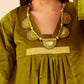 InWeave Women's Olive V Neck Asymmetrical Pleated Velvet Kurta Set - Swadesiicart