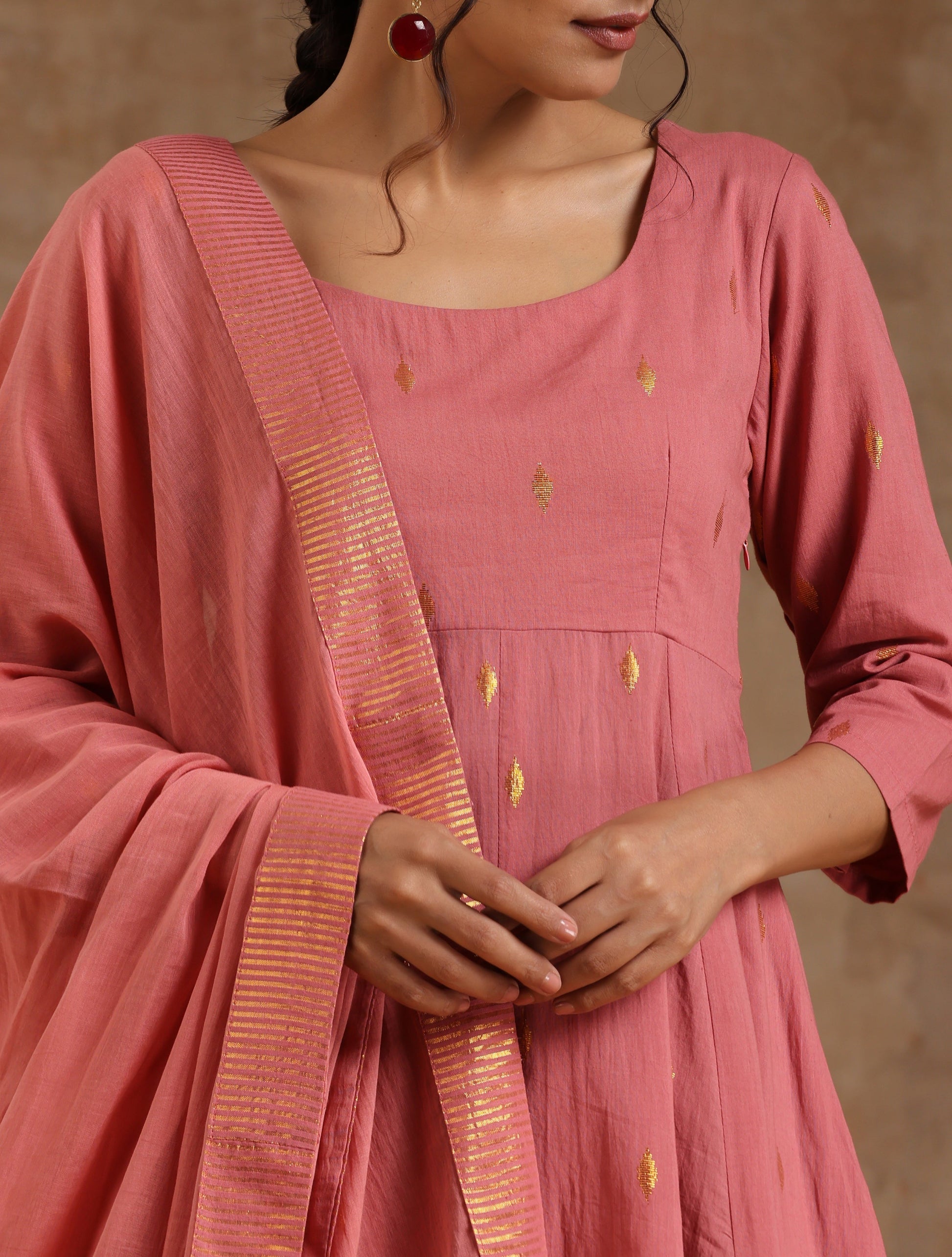 trueBrowns Blush Gold Cotton Anarkali Set | Swadesiicart