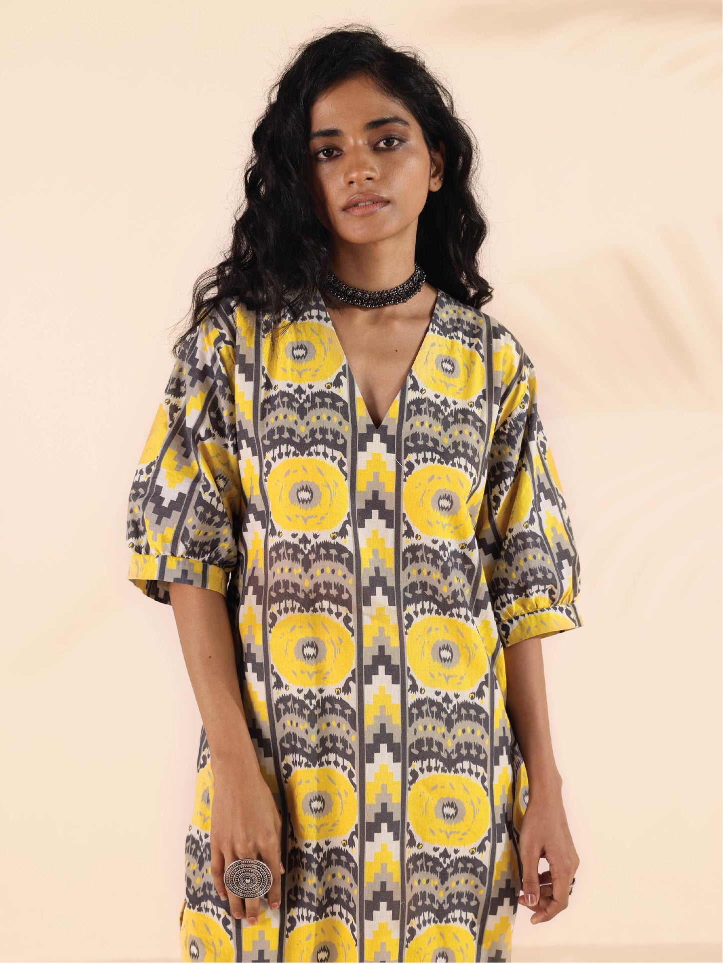 trueBrowns Yellow Cotton Ikat Slit Dress | Swadesiicart