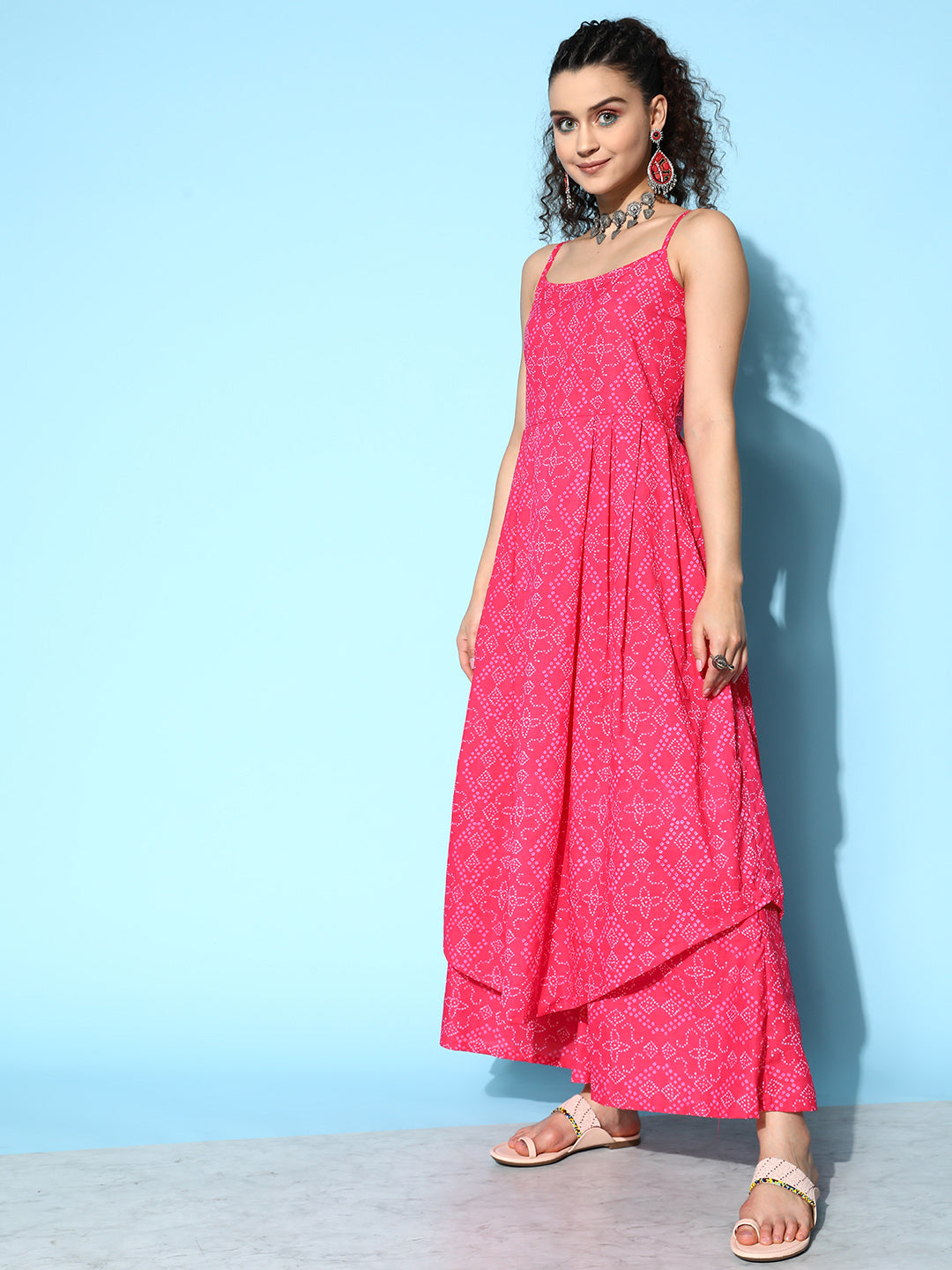 InWeave Women's Pink Bandhani Strappy Kurta Set - Swadesiicart