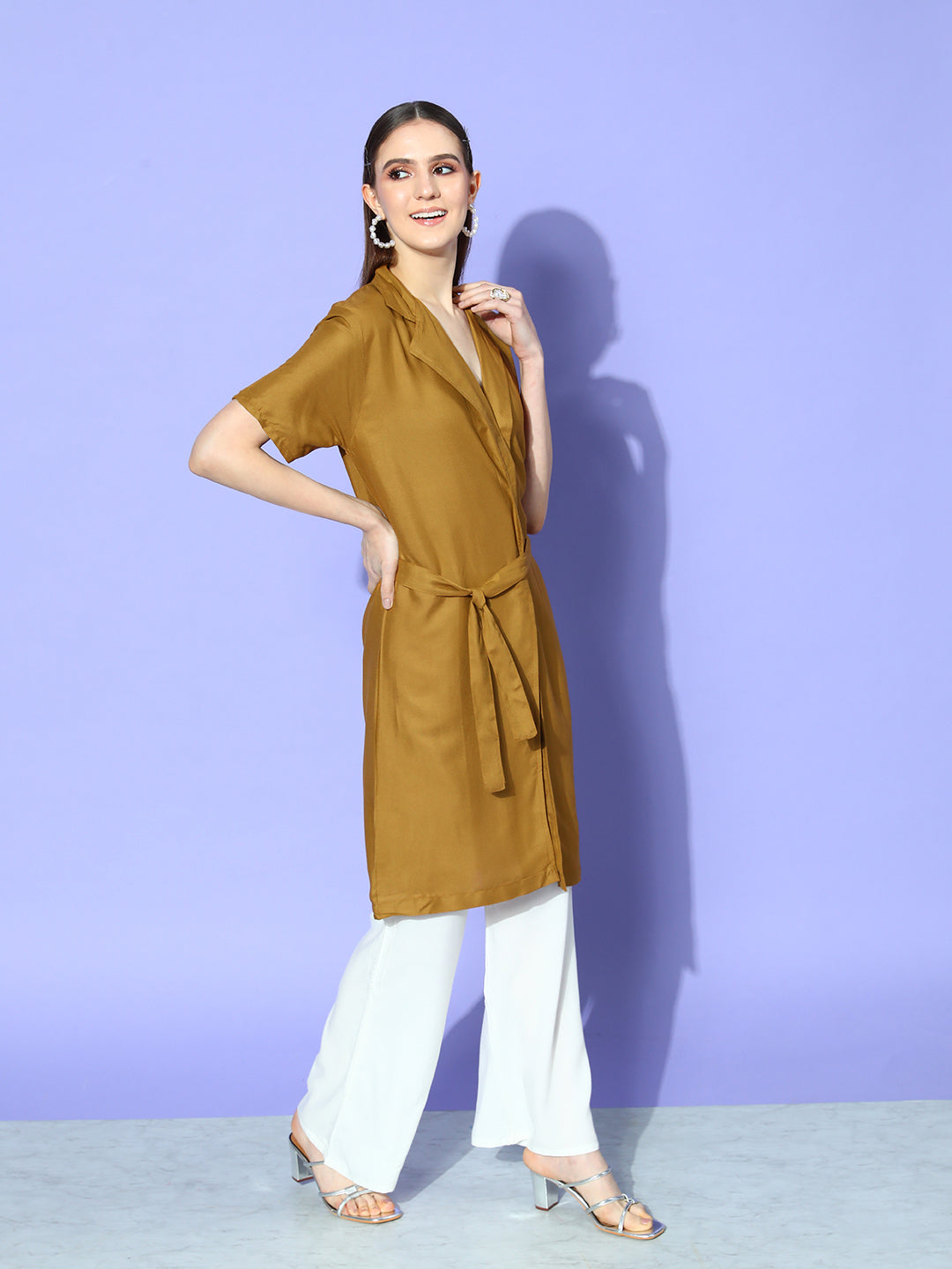 InWeave Women's Camel Brown Cream Pant Coord Set With White Butterfly Scarf - Swadesiicart