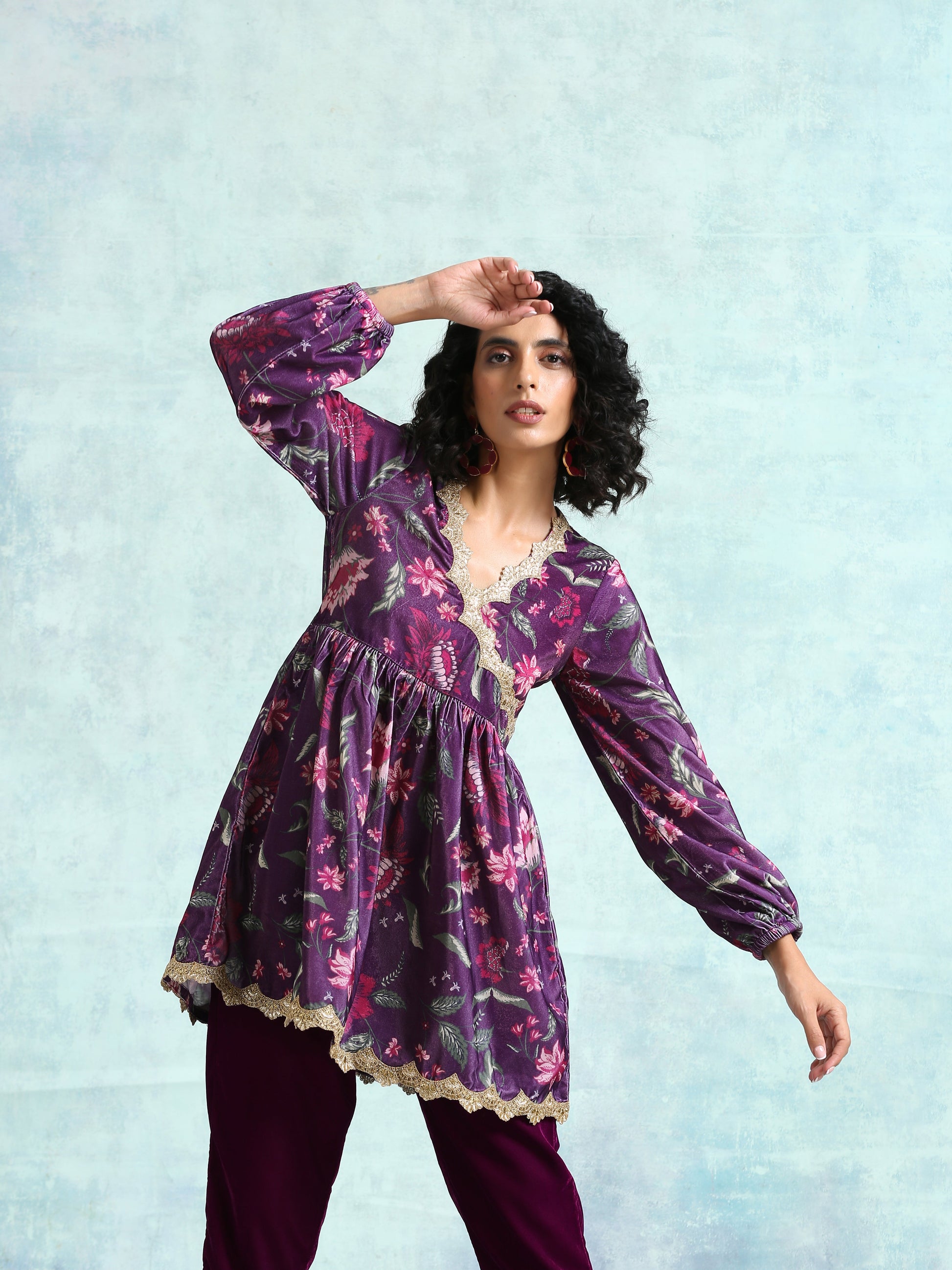 trueBrowns Wine Printed Velvet Lace Co-Ord Set - Swadesiicart
