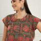 InWeave Women's Green Red Mughal Kalamkari A Line Dress - Swadesiicart