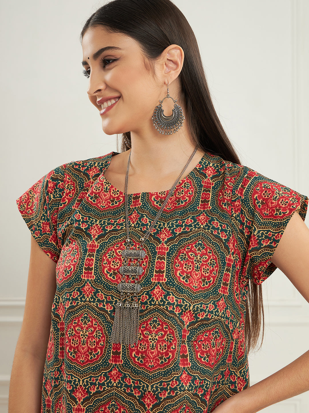InWeave Women's Green Red Mughal Kalamkari A Line Dress - Swadesiicart