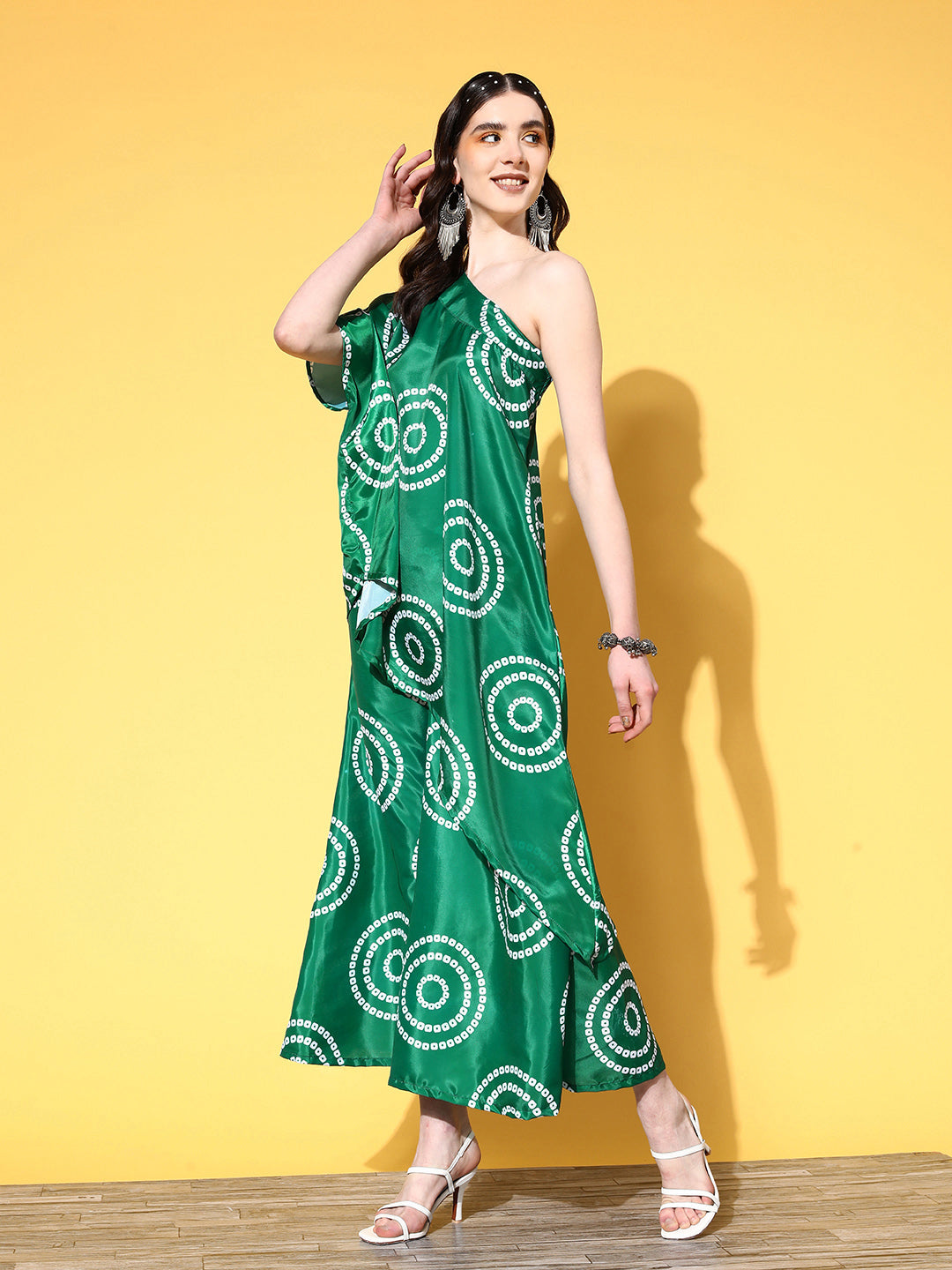 InWeave Women's Green Bandhani Motif One Shoulder Palazzo Set - Swadesiicart